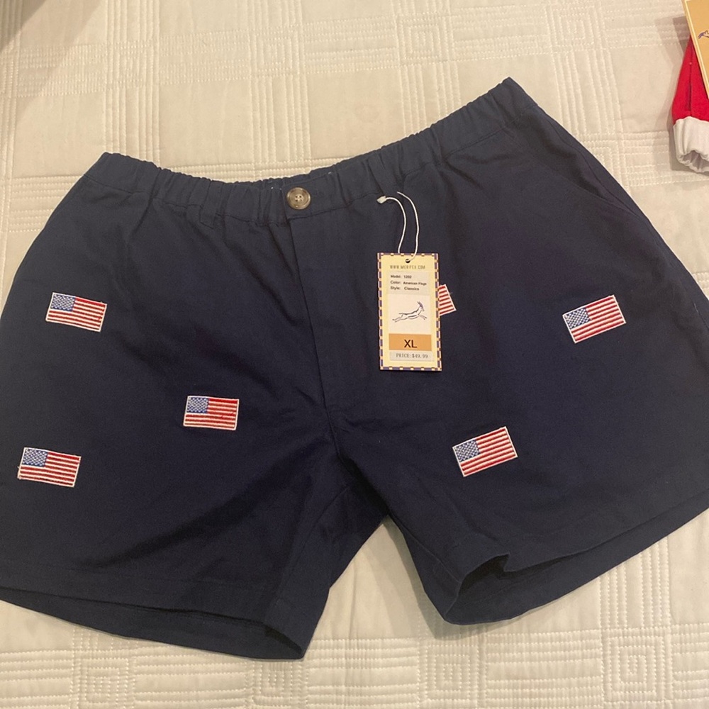 Meripex American Flag Navy 2 pocket Shorts 100% cotton XL flexible waist…